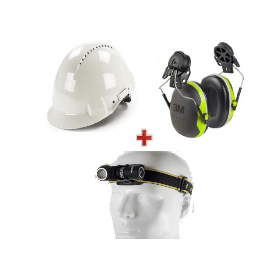 Pack casque de chantier et protection auditive + lampe frontale