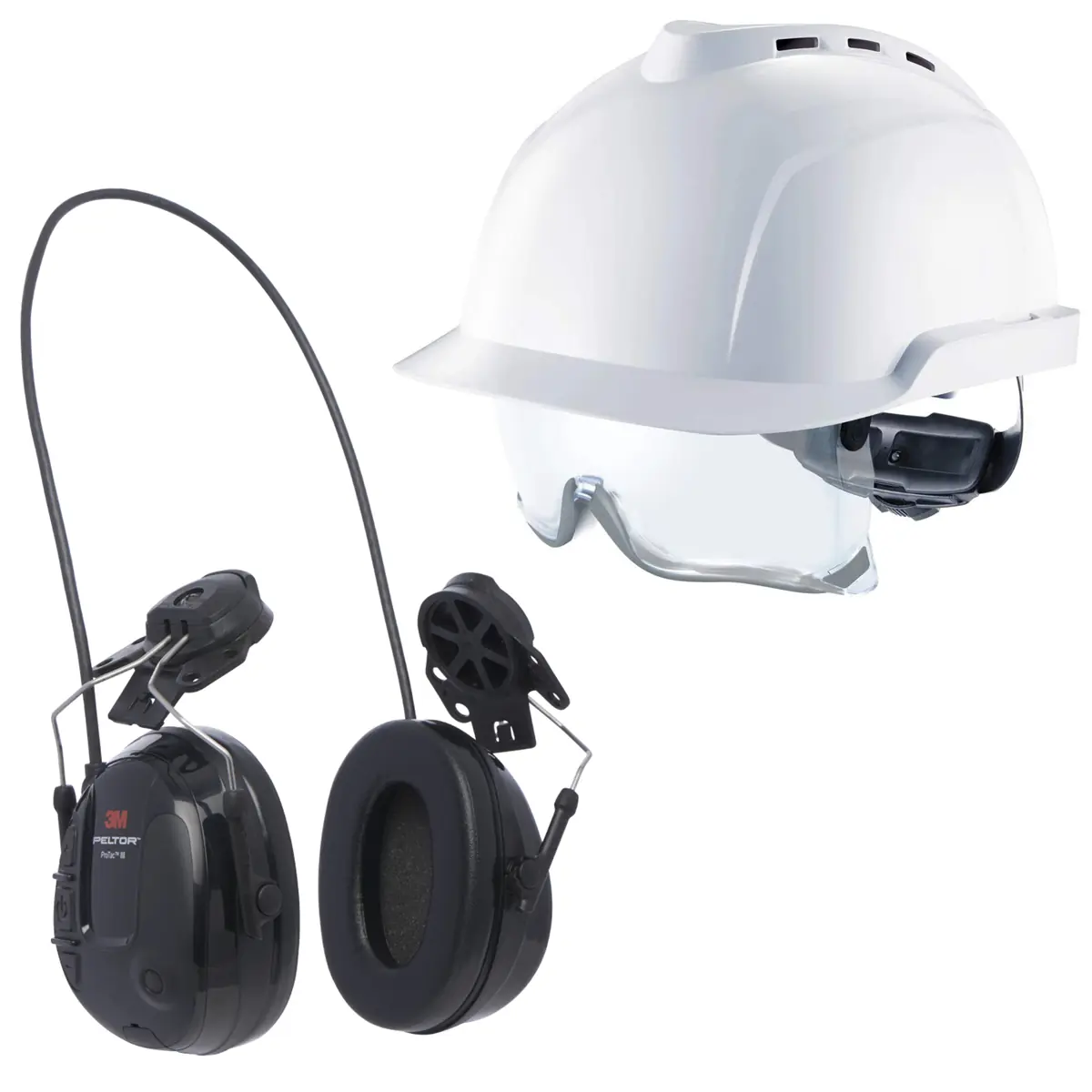 Pak veiligheidshelm en gehoorbescherming in met geluidsmodulatie