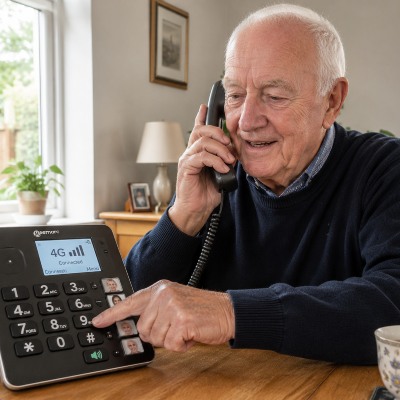 Personne âgée utilisant un téléphone fixe à carte SIM à grandes touches